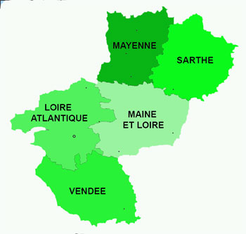 les cinq départements formant la région des  Pays de la Loire - Prev2r