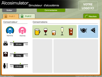 L'écran d'accueil du logiciel de simulation d'alcoolémie Prev2r