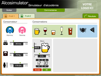 L'écran des consommatoins de boissons alcolisées du logiciel de simulation d'alcoolémie Prev2r