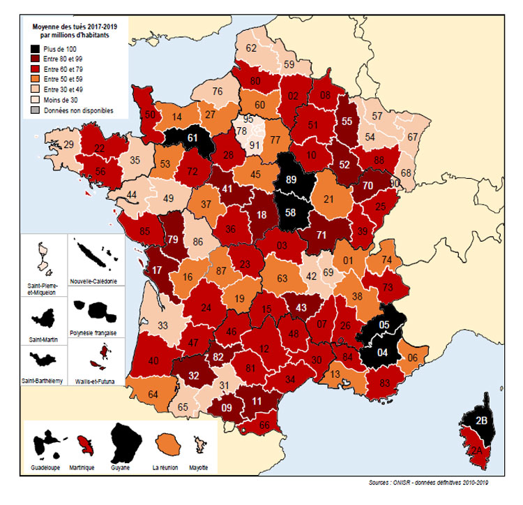 La mortalité moyenne par million d'habitants - Source Bilan Sécurité Routière 