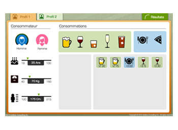 Le logiciel de simulation d'alcoolémie pour démontrer le temps de diffusion, d'assimilation et d'élimination de l'alcool