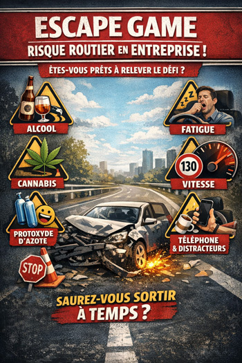 Affiche de l'Escape Game risque routier sur la route du travail créé par Chat Gpt-  Prev2r
